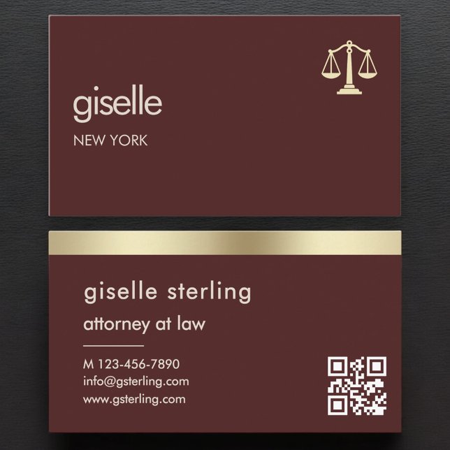 Tarjeta De Visita Attorney at Law Burgundy Gold Scales of Justice  (Subido por el creador)
