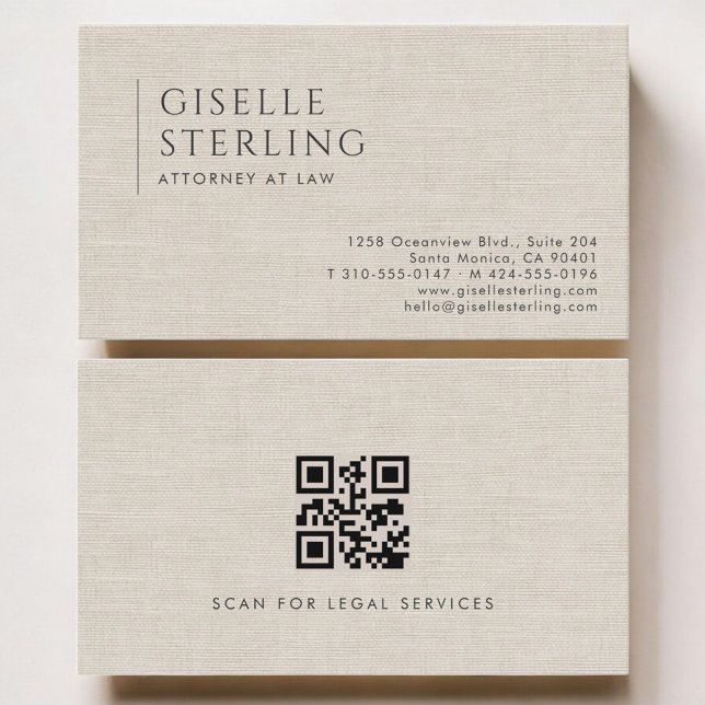 Tarjeta De Visita Attorney at Law Luxury Neutral Linen QR Code (Subido por el creador)