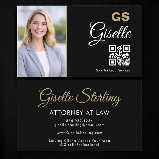 Tarjeta De Visita Attorney at Law QR Code Black Gold Photo  (Subido por el creador)