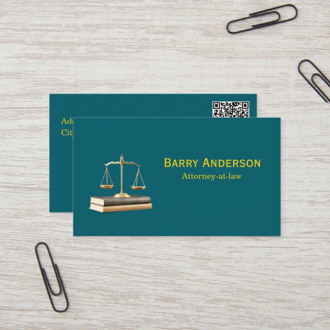 Tarjeta De Visita Attorney Justice Scales & Books with QR code (Anverso/Reverso In Situ)