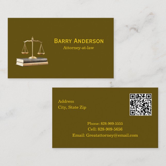Tarjeta De Visita Attorney Justice Scales & Books with QR code (Anverso / Reverso)