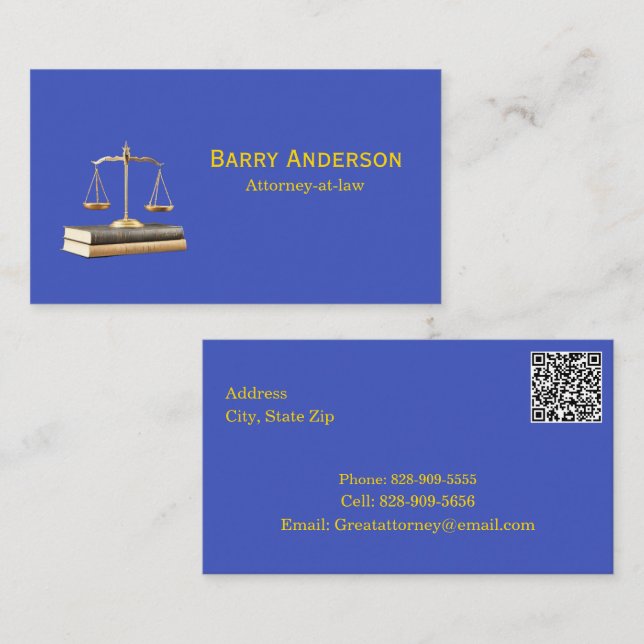 Tarjeta De Visita Attorney Justice Scales & Books with QR code (Anverso / Reverso)