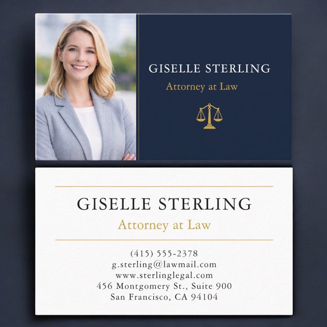 Tarjeta De Visita Attorney Law Firm Photo Navy Blue Gold (Subido por el creador)