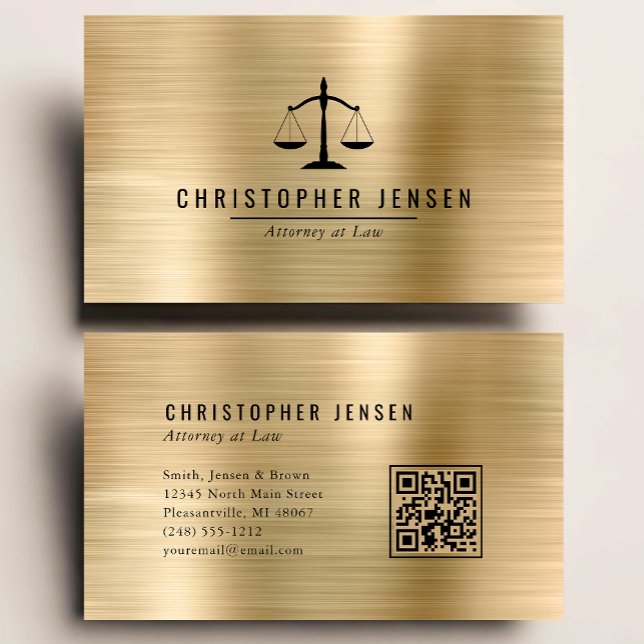 Tarjeta De Visita Attorney QR Code Black Scales Gold Brushed Metal (Subido por el creador)