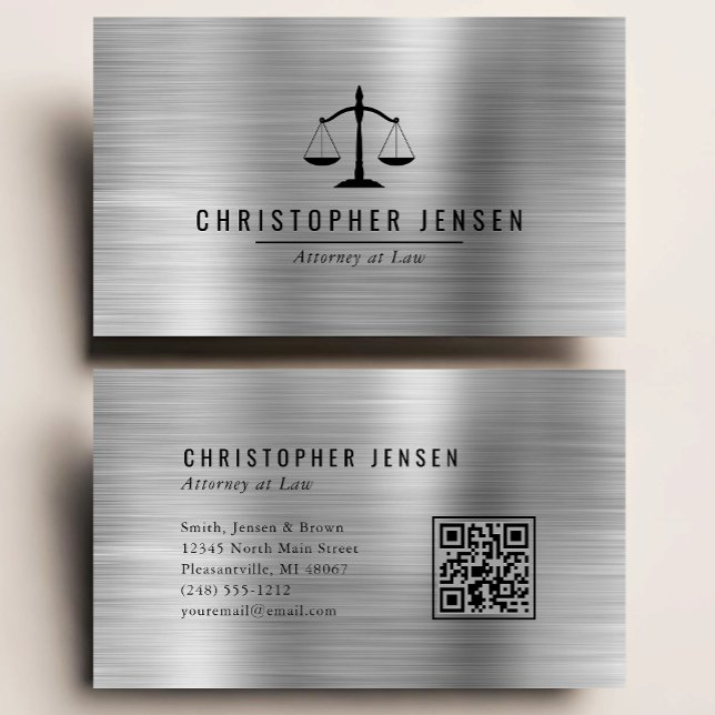 Tarjeta De Visita Attorney QR Code Black Scales Silver Brushed Metal (Subido por el creador)