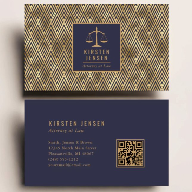Tarjeta De Visita Attorney QR Code Blue Gold Geometric Deco Pattern (Subido por el creador)