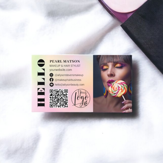 Tarjeta De Visita Audaz hola sombría moda Qr foto logo medios social (Bold hello ombre chic Qr photo logo social media Business Card)