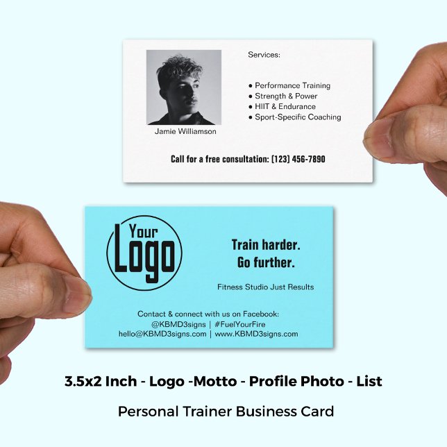 Tarjeta De Visita Audífono Foto Formación personal Electric Blue (3.5x2 Inch, Bold Logo Photo Electric Blue Personal Trainer Business Card)