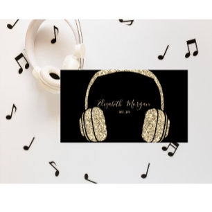 Tarjeta De Visita Auriculares DJ Elegante con Brillo Dorado