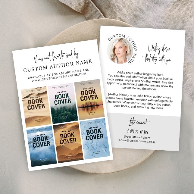 Tarjeta De Visita Author Book Series Marketing Custom Photo Collage (Minimalist author bibliography marketing business cards with 6 custom book covers and profile photo)