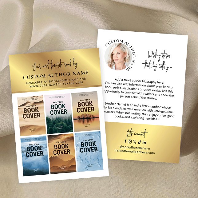 Tarjeta De Visita Author Book Series Photo Collage White & Gold (Faux gold author bibliography marketing business cards with 6 custom book covers and profile photo)