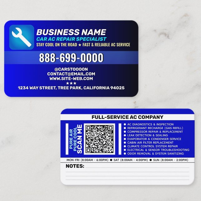 Tarjeta De Visita Auto Air Conditioner Service | Best Car AC Repair (Shop car air conditioner repair business cards in blue color)