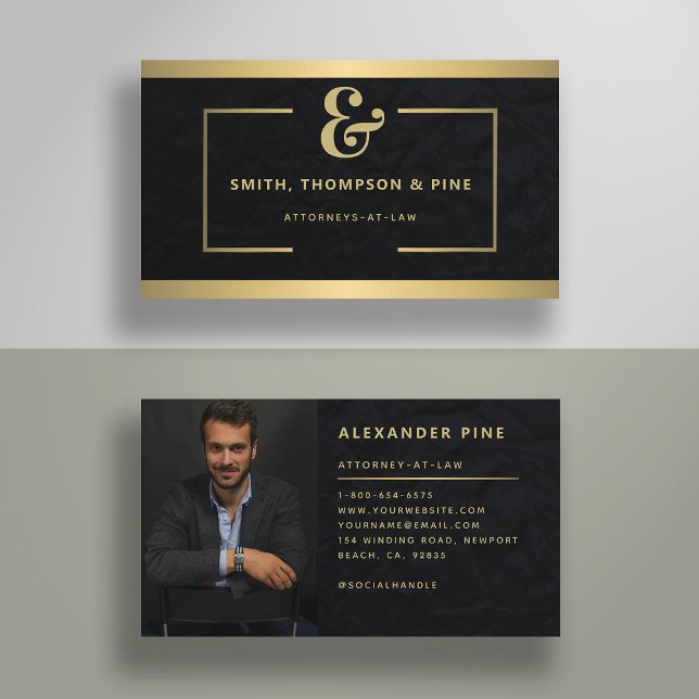 Tarjeta De Visita Autobús fotográfico Ampersand Black Gold Professio (lawyer business card law legal services paralegal elegant photo black gold line simple modern classy)