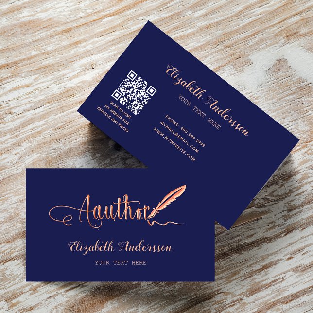 Tarjeta De Visita Autor código QR de oro azul marino rosa (Subido por el creador)