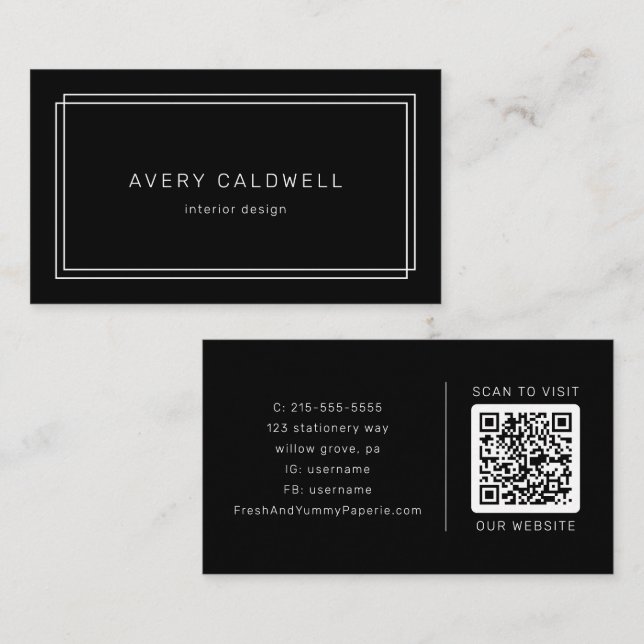 Tarjeta De Visita AVERY Modern Black Double Frame QR Code (Anverso / Reverso)