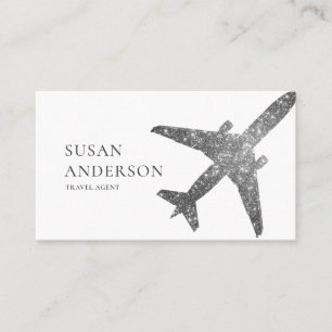 Tarjeta De Visita Avión Purpurina Faux Silver de agente de viajes