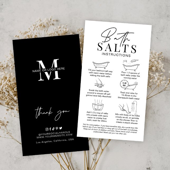 Tarjeta De Visita Aviso e instrucciones sobre sales de baño con logo (Minimalist bath salts care cards in black and white, featuring care icons and space for your logo)