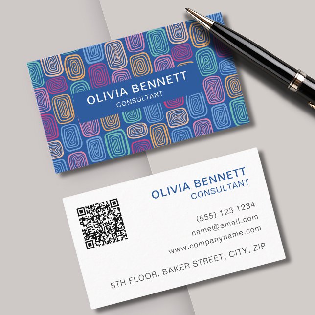 Tarjeta De Visita Azul abstracto colorido (Colorful, modern, abstract business card in blue and pink tones. Customize with QR & contact details)