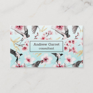 Tarjeta De Visita Azul acuarela japonesa Swallow Cherry Blossom