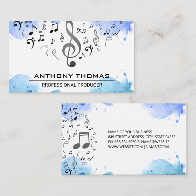 Tarjeta De Visita Azul acuático | Notas musicales (Anverso / Reverso)
