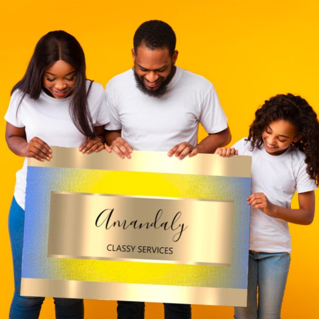 Tarjeta De Visita Azul amarillo elegante con marco dorado profesiona (Subido por el creador)