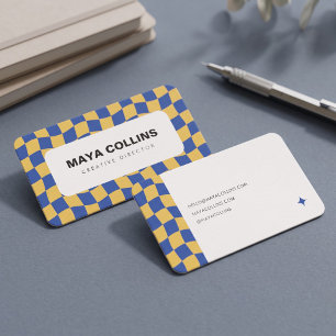 Tarjeta De Visita Azul Amarillo Ondulado a Cuadros de Moda