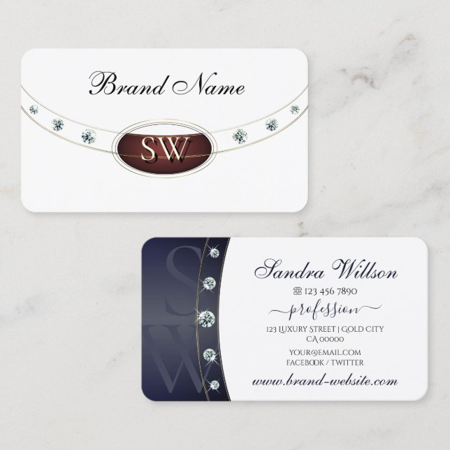 Tarjeta De Visita Azul blanco oscuro y oro moderno con monograma (Anverso / Reverso)