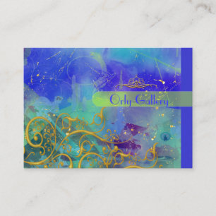 Tarjeta De Visita Azul Ceruleano, Abstracto/Faux Gold Filigrree Swir