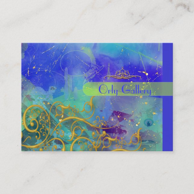 Tarjeta De Visita Azul Ceruleano, Abstracto/Faux Gold Filigrree Swir (Anverso)