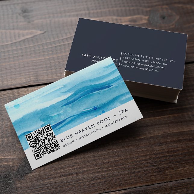 Tarjeta De Visita Azul | Código QR de Pool Care o Swim (Subido por el creador)