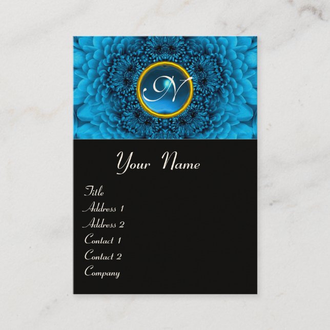 TARJETA DE VISITA AZUL DAHLIA FLOWER PETALS SAPPHIRE GEM MONOGRAM, (Anverso)