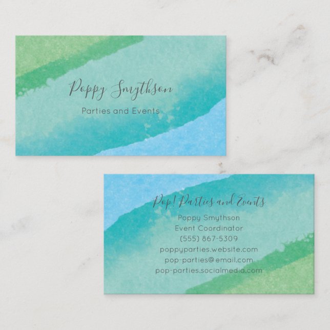 Tarjeta De Visita Azul de océano y acuarela moderna verde (Anverso / Reverso)