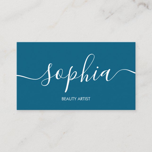 Tarjeta de visita azul Girly Modern Calligraphy (Anverso)