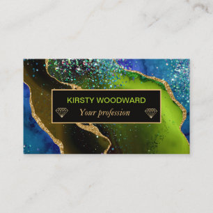 Tarjeta De Visita Azul Glamuroso Y Verde Agata Brillante Dorado Fals