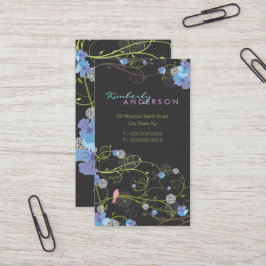 Tarjeta De Visita Azul Hibiscus Pájaros Tragados Elegante Jardín Flo