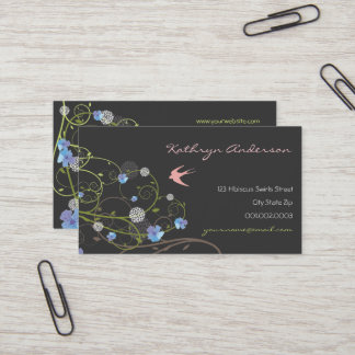 Tarjeta De Visita Azul Hibiscus Pájaros Tragados Elegante Jardín Flo