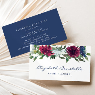 Tarjeta De Visita Azul Marino Burgundy Floral Acuarela