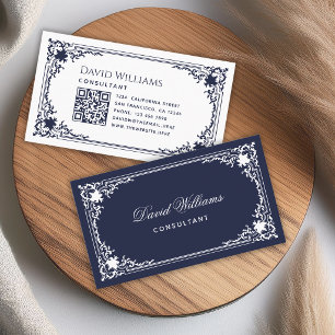 Tarjeta De Visita Azul Marino Elegante Vintage Texto Blanco y Código