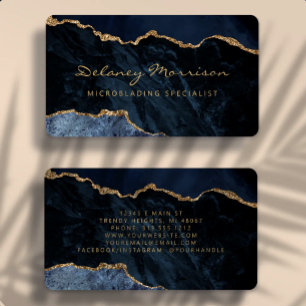 Tarjeta De Visita Azul Marino Oro Ágata Microblading Esquinado Redon