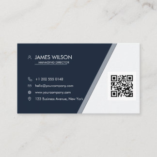 Tarjeta De Visita Azul Marino Plata Logo Personalizado QR Negocios
