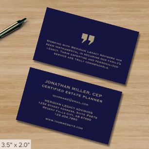 Tarjeta De Visita Azul marino simple y oro con testamento