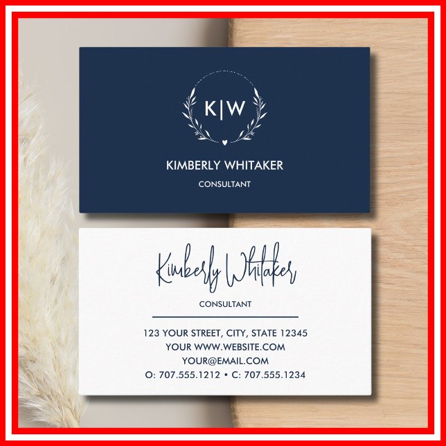 Tarjeta De Visita Azul marino y blanco | Monograma de Iniciales Mode (Navy Blue and White | Modern Initials Monogram Business Card)