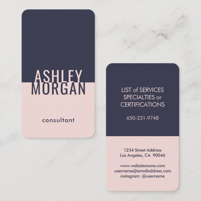 Tarjeta De Visita Azul marino y rosa Elegante simple vertical modern (Anverso / Reverso)