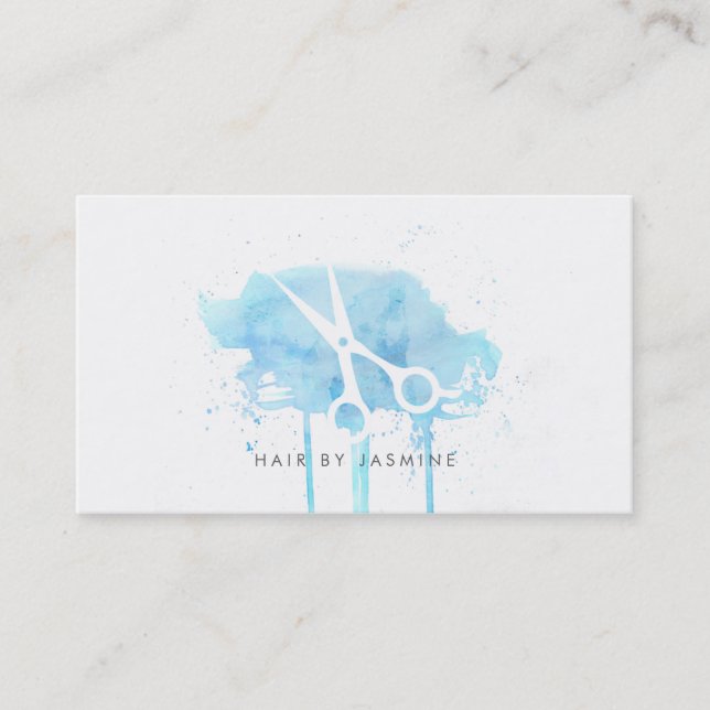 Tarjeta De Visita azul moderno elegante de la acuarela del pelo del (Anverso)