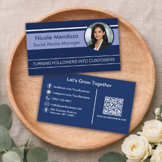 Tarjeta De Visita Azul Moderno Profesional Foto y Código QR Personal