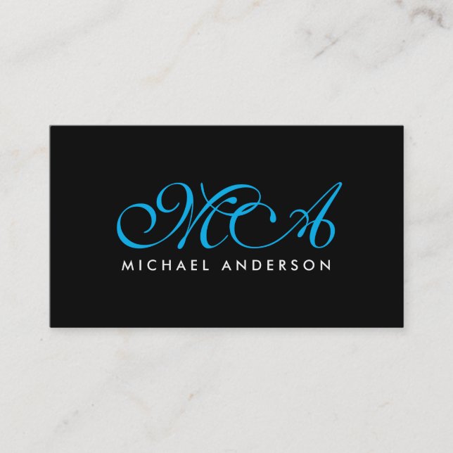 Tarjeta De Visita Azul Monograma Elegante Script Fondo negro (Anverso)
