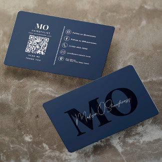 Tarjeta De Visita Azul Monograma Minimalista Moderno Profesional QR 