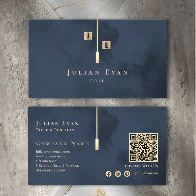 Tarjeta De Visita Azul Monograma moderno de la Marina de Oro (Subido por el creador)
