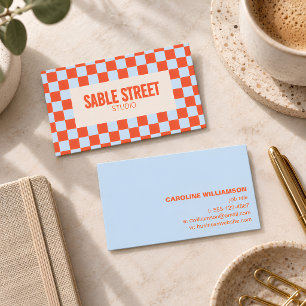 Tarjeta De Visita Azul Naranja Tablero de Damas Retro Negrita Marca