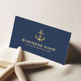 Tarjeta De Visita Azul Nautical Gold Boat Anchor Plain Navy